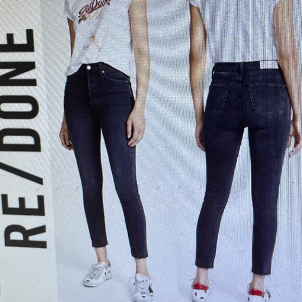 Re/Done Originals High Rise Ankle Crop black raw hem jeans, size 26” grunge